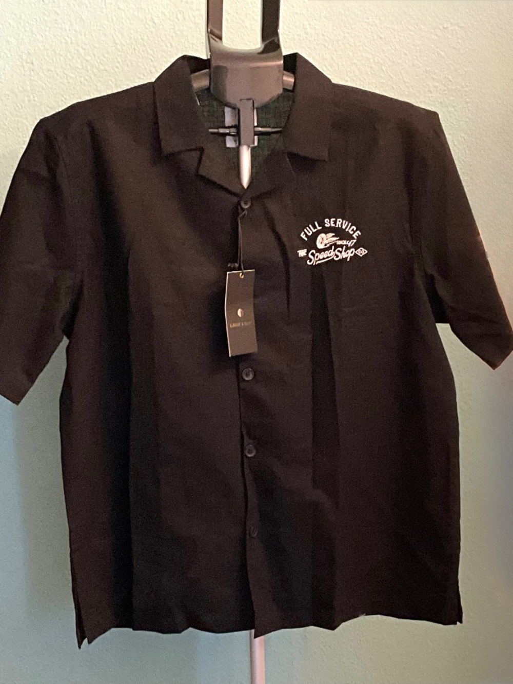 Black Boxy Mechanic Graphic Camp Shirt by Lark&Owl.Men’s Medium. NWT